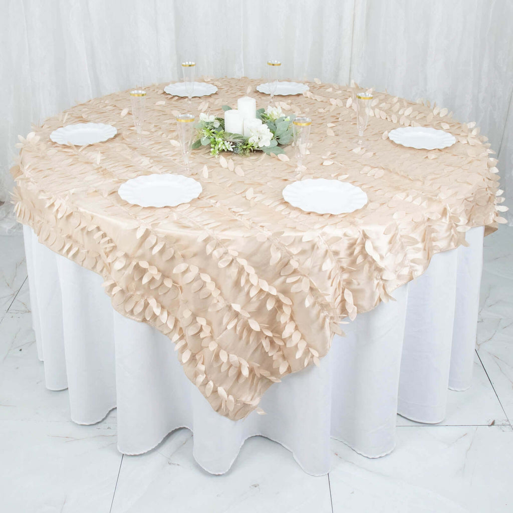 Taffeta 72"x72" Table Overlay Square Tablecloth Beige - 3D Leaf Petal Table Cover