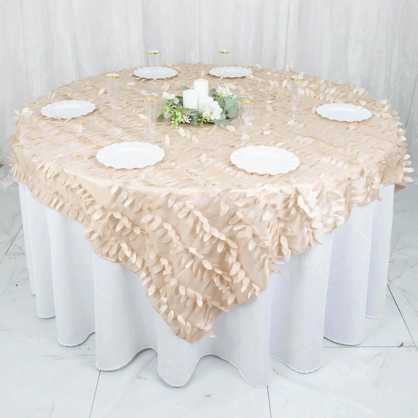 Taffeta 72"x72" Table Overlay Square Tablecloth Beige - 3D Leaf Petal Table Cover