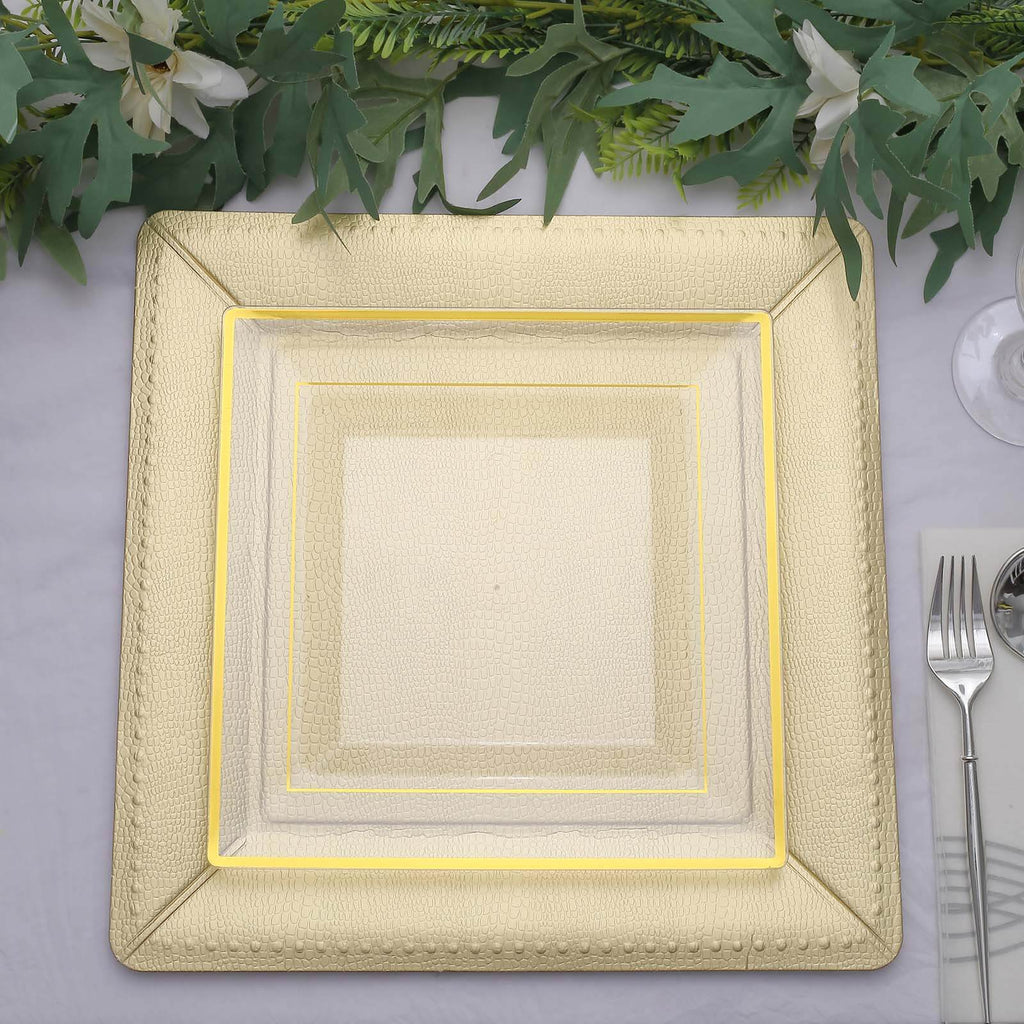 10-Pack Disposable Square Charger Plates in Champagne with Leather Like Texture - 1100GSM Durable Paper Chargers 13"