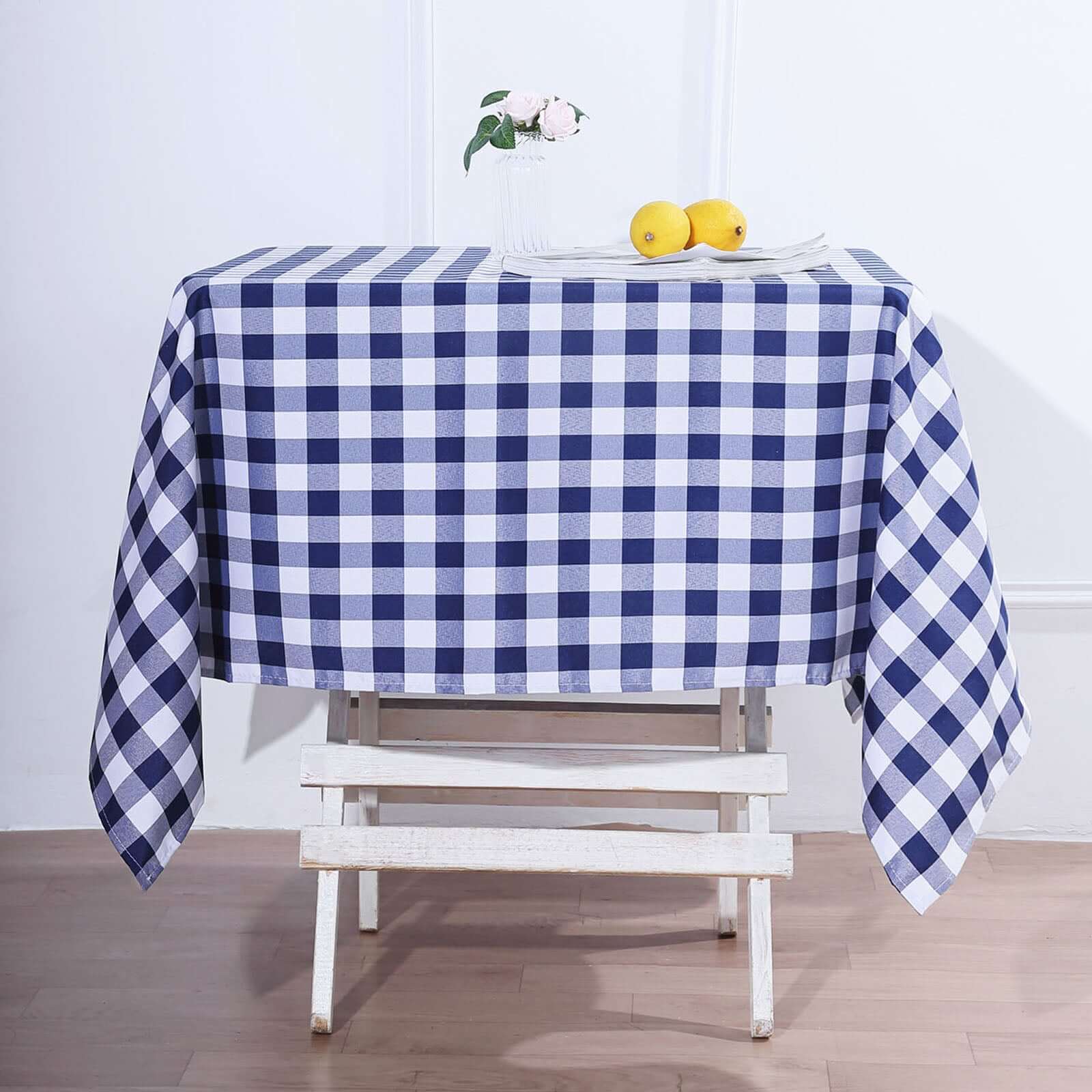 Polyester 54"x54" Square Tablecloth White/Navy Blue - Checkered Buffalo Plaid Design for Casual Table Settings