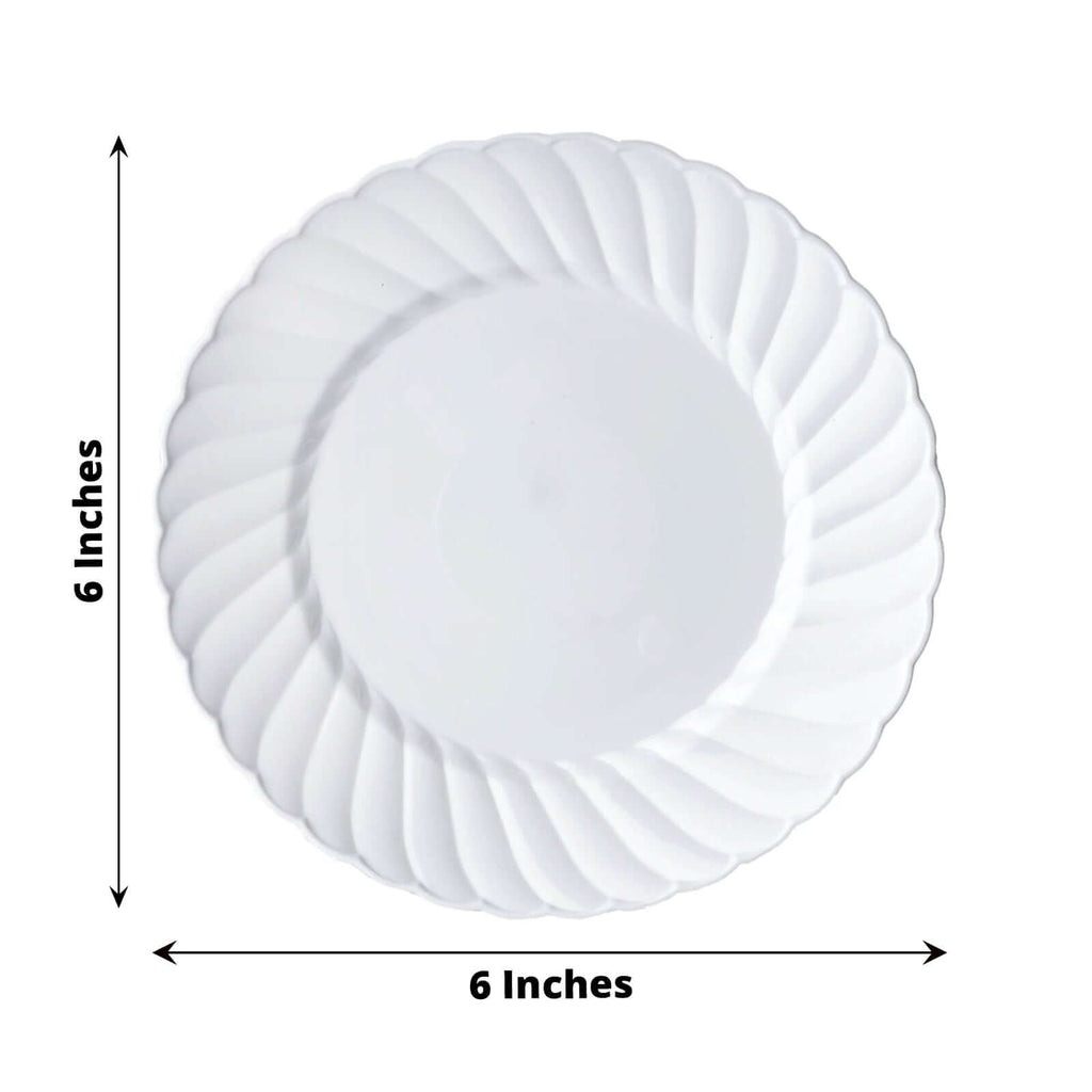 12-Pack Plastic Dessert Plates Glossy White Swirl Rim - Lightweight Round Salad Plates 6"