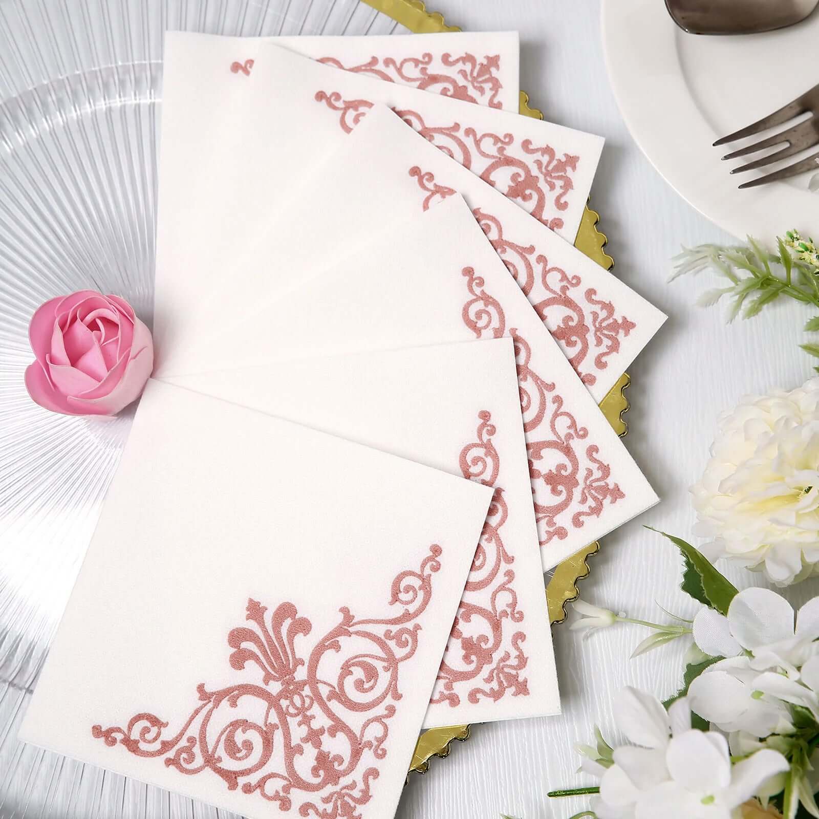 20 Pack Linen-Like Paper 5"x5" Napkins White - Rose Gold Fleur Vintage Airlaid Cocktail Napkins