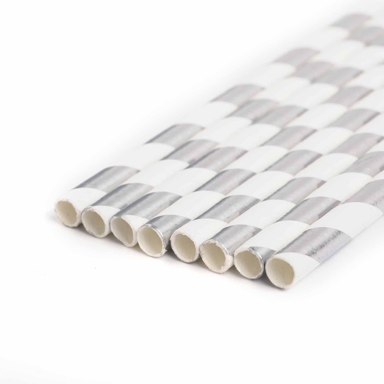 25-Pack Paper Straws White/Silver Striped - Stylish Disposable Straws for Drinks 8"