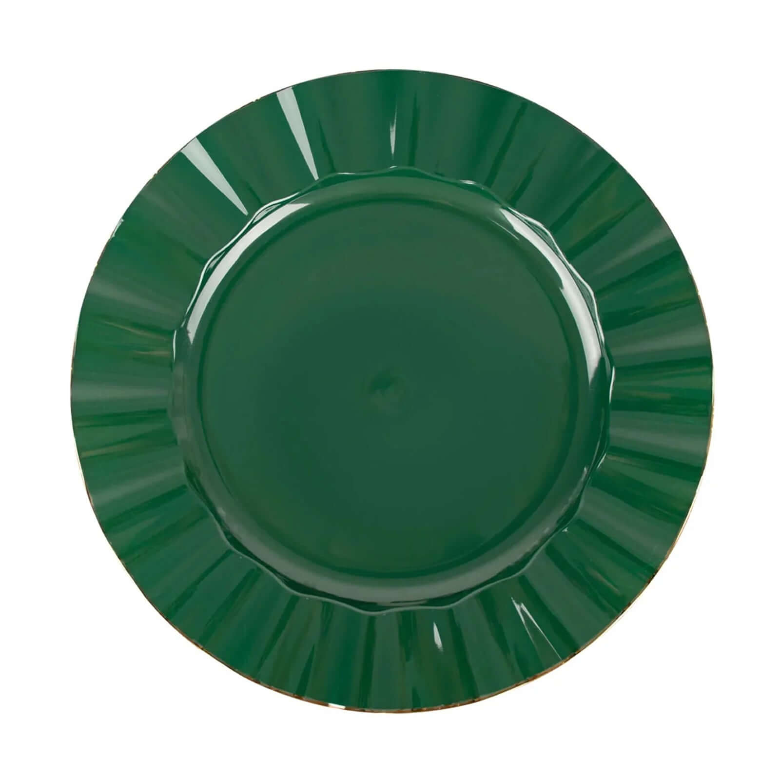 10-Pack Plastic 11" Round Dinner Plates in Hunter Emerald Green Ruffled Rim with Gold Edging - Sturdy Disposable Dinnerware