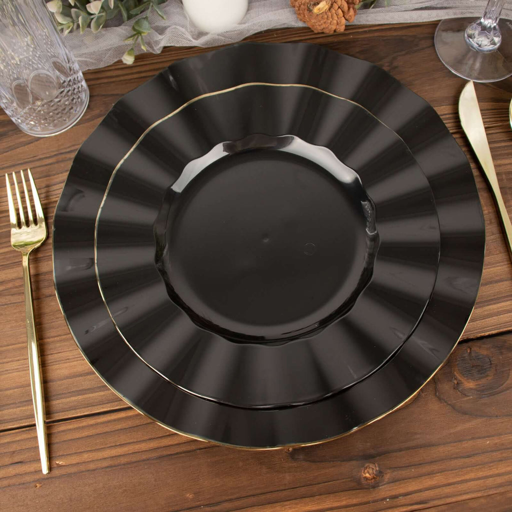 10-Pack Plastic 9" Round Dinner Plates in Black Ruffled Rim with Gold Edging - Sturdy Disposable Dinnerware