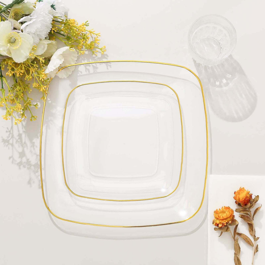 10-Pack Plastic 10" Square Dinner Plates in Clear with Gold Rim - Classy Disposable Lunch Party Plates