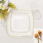 10-Pack Plastic 10" Square Dinner Plates in Clear with Gold Rim - Classy Disposable Lunch Party Plates