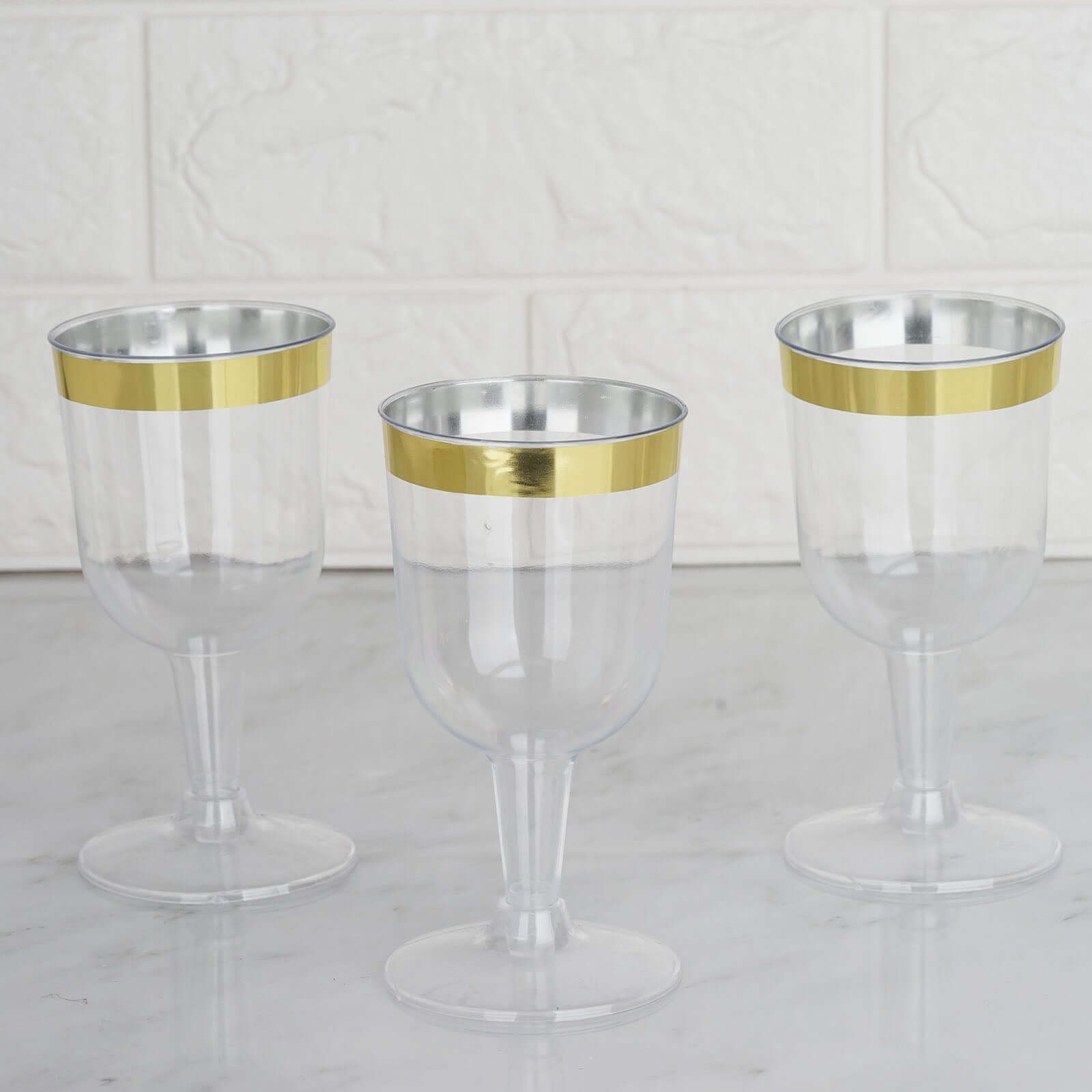 12-Pack Plastic Short Stem Wine Glasses Clear/Gold Rim - Stylish Disposable Drinkware 6oz