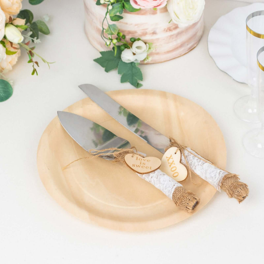 Stainless Steel Cake Knife and Server Set with Natural Rustic Jute Lace - Pre - Packed Wedding Party Favors in Gift Box - Bell Racket Store