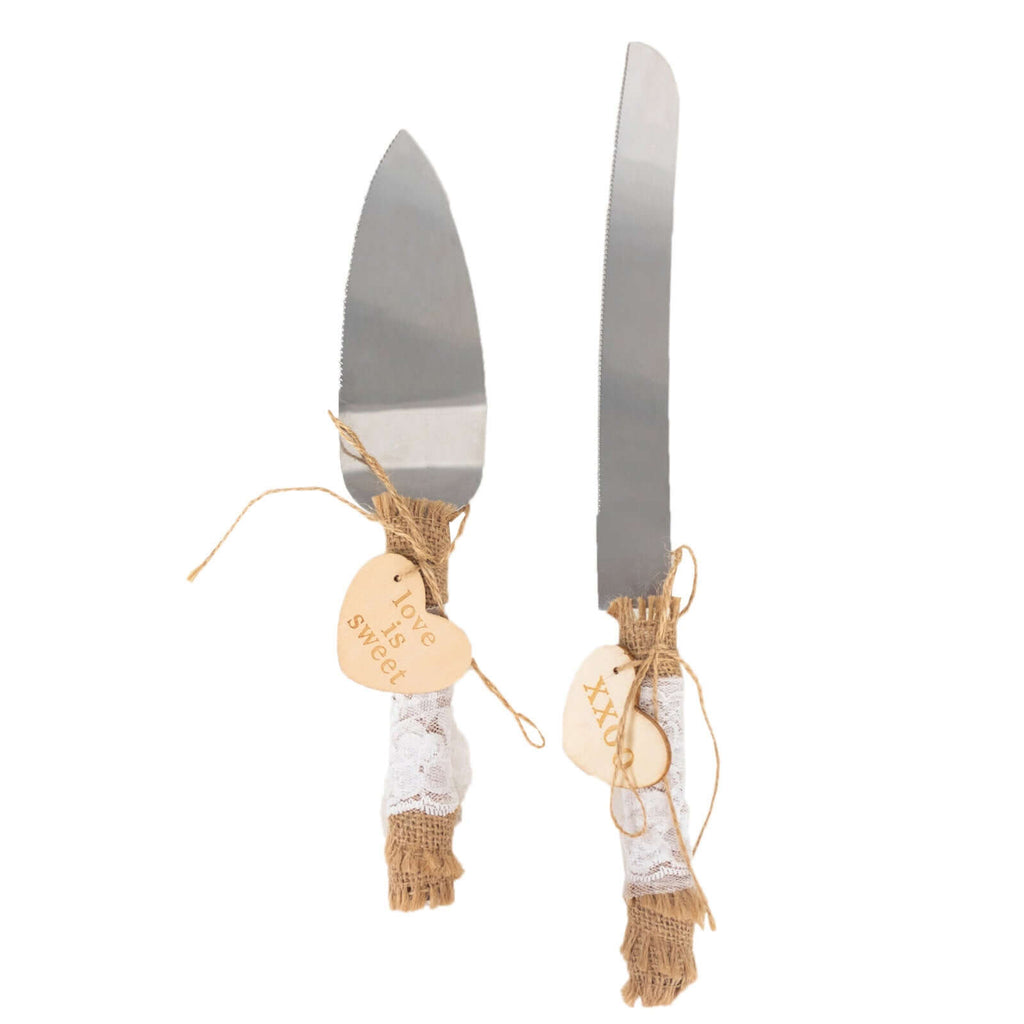 Stainless Steel Cake Knife and Server Set with Natural Rustic Jute Lace - Pre - Packed Wedding Party Favors in Gift Box - Bell Racket Store