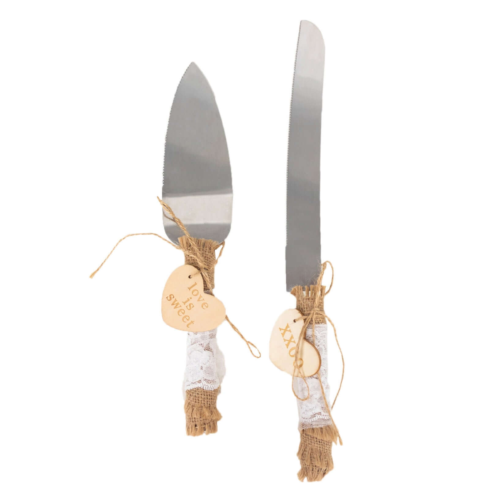 Stainless Steel Cake Knife and Server Set with Natural Rustic Jute Lace - Pre - Packed Wedding Party Favors in Gift Box - Bell Racket Store