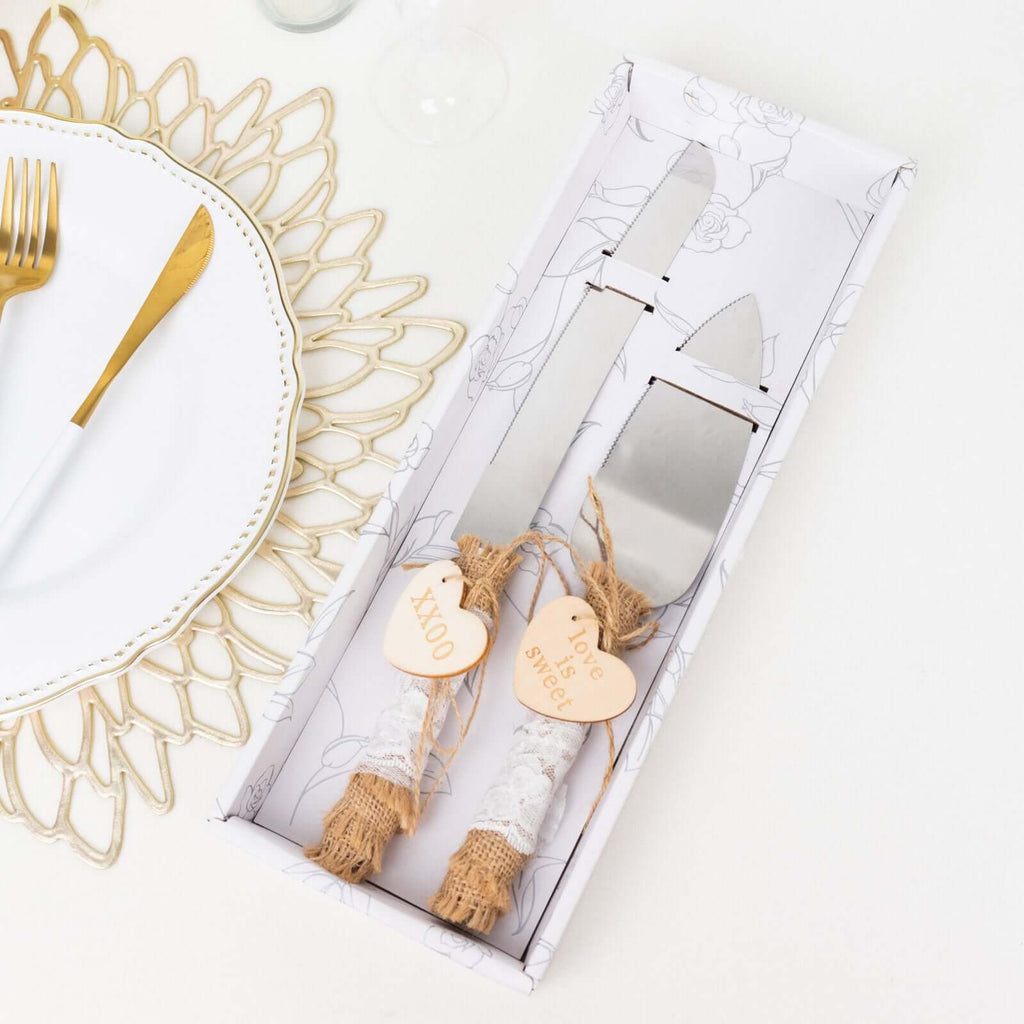 Stainless Steel Cake Knife and Server Set with Natural Rustic Jute Lace - Pre - Packed Wedding Party Favors in Gift Box - Bell Racket Store