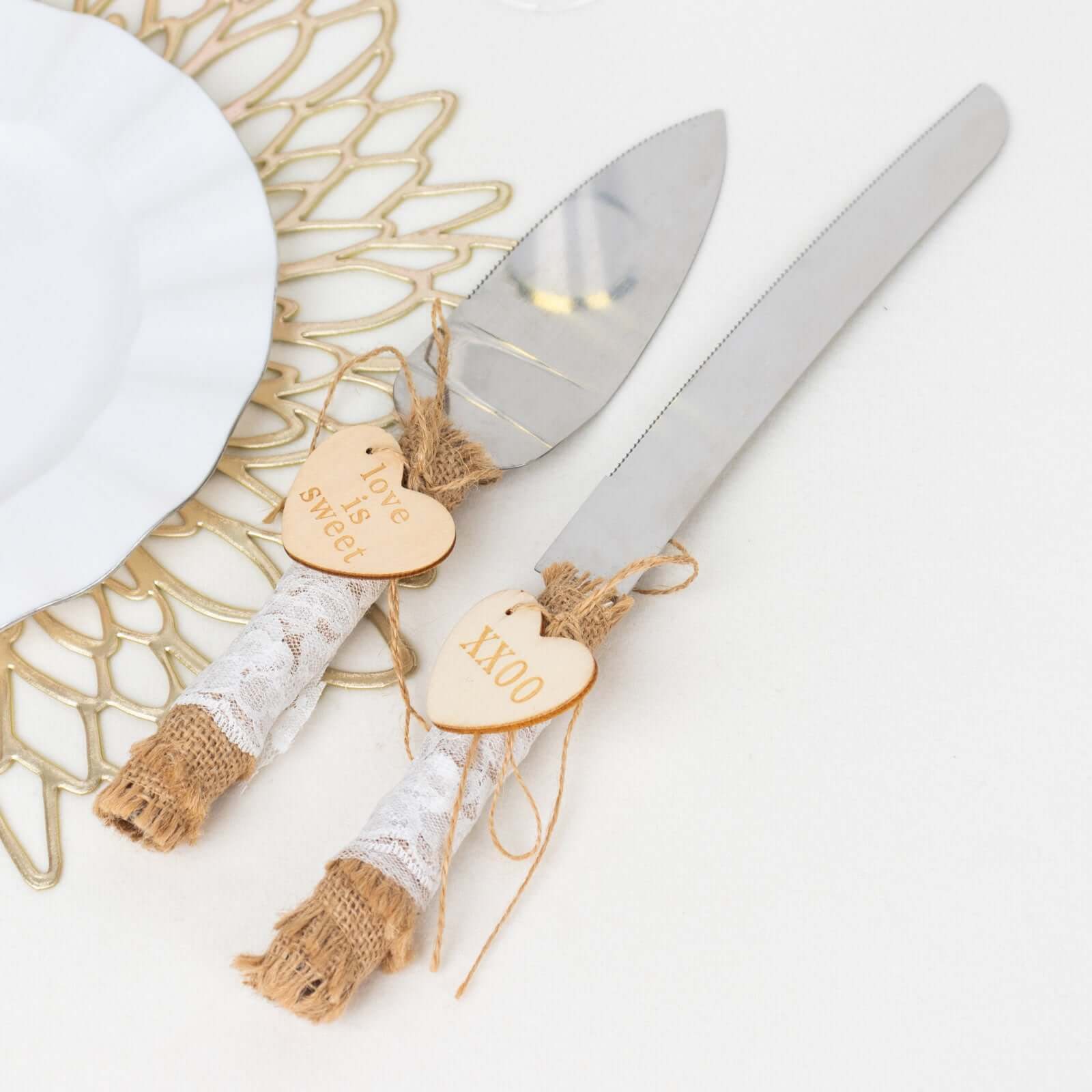 Stainless Steel Cake Knife and Server Set with Natural Rustic Jute Lace - Pre - Packed Wedding Party Favors in Gift Box - Bell Racket Store