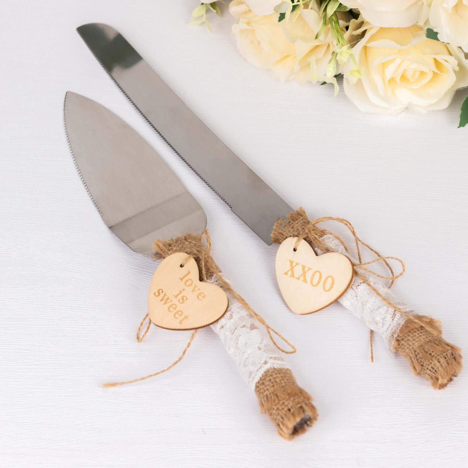 Stainless Steel Cake Knife and Server Set with Natural Rustic Jute Lace - Pre - Packed Wedding Party Favors in Gift Box - Bell Racket Store