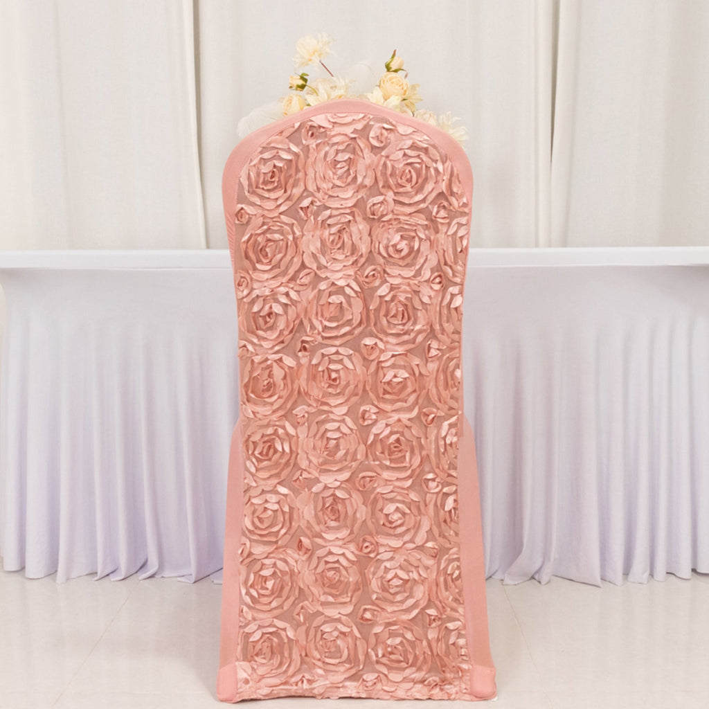 Satin Rosette Chair Cover for Banquet Chairs Dusty Rose - Stretch Fitted Slip-On Slipcover