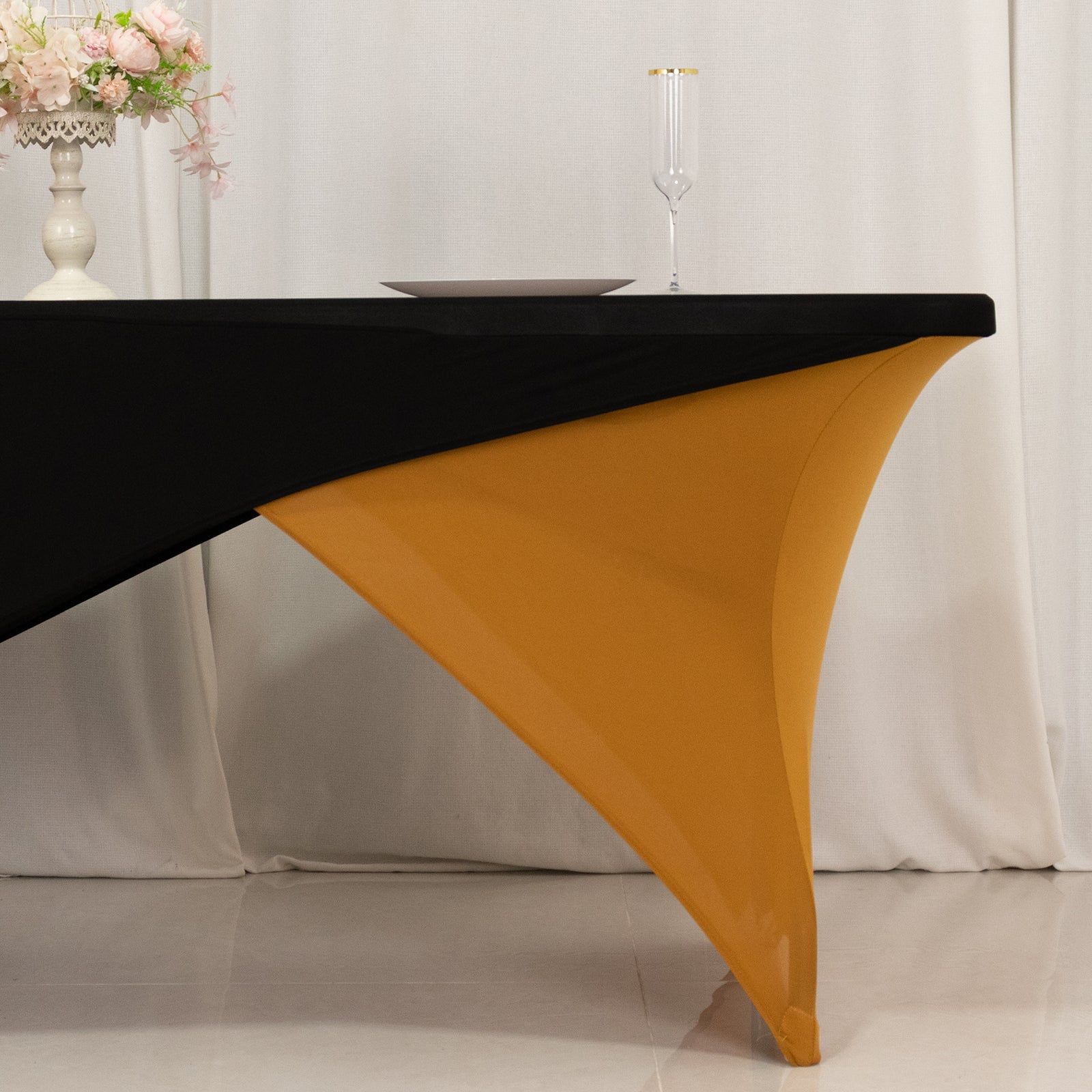Stretch Spandex 72"x30" Rectangle Table Cover Black/Gold Cross Over Design - Two - Piece Fitted Tablecloth with Elastic Foot Pockets - Bell Racket Store