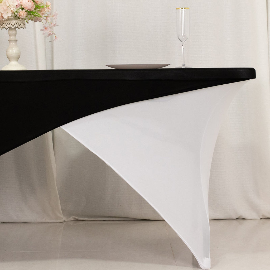 Stretch Spandex 72"x30" Rectangle Table Cover Black/White Cross Over Design - Versatile & Sleek Two - Piece Fitted Tablecloth with Elastic Foot Pockets - Bell Racket Store