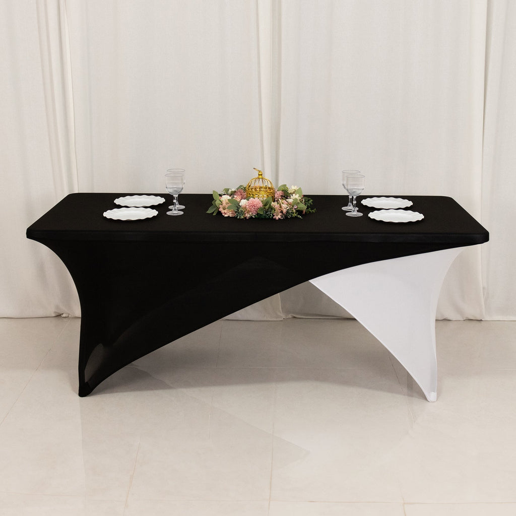 Stretch Spandex 72"x30" Rectangle Table Cover Black/White Cross Over Design - Versatile & Sleek Two - Piece Fitted Tablecloth with Elastic Foot Pockets - Bell Racket Store