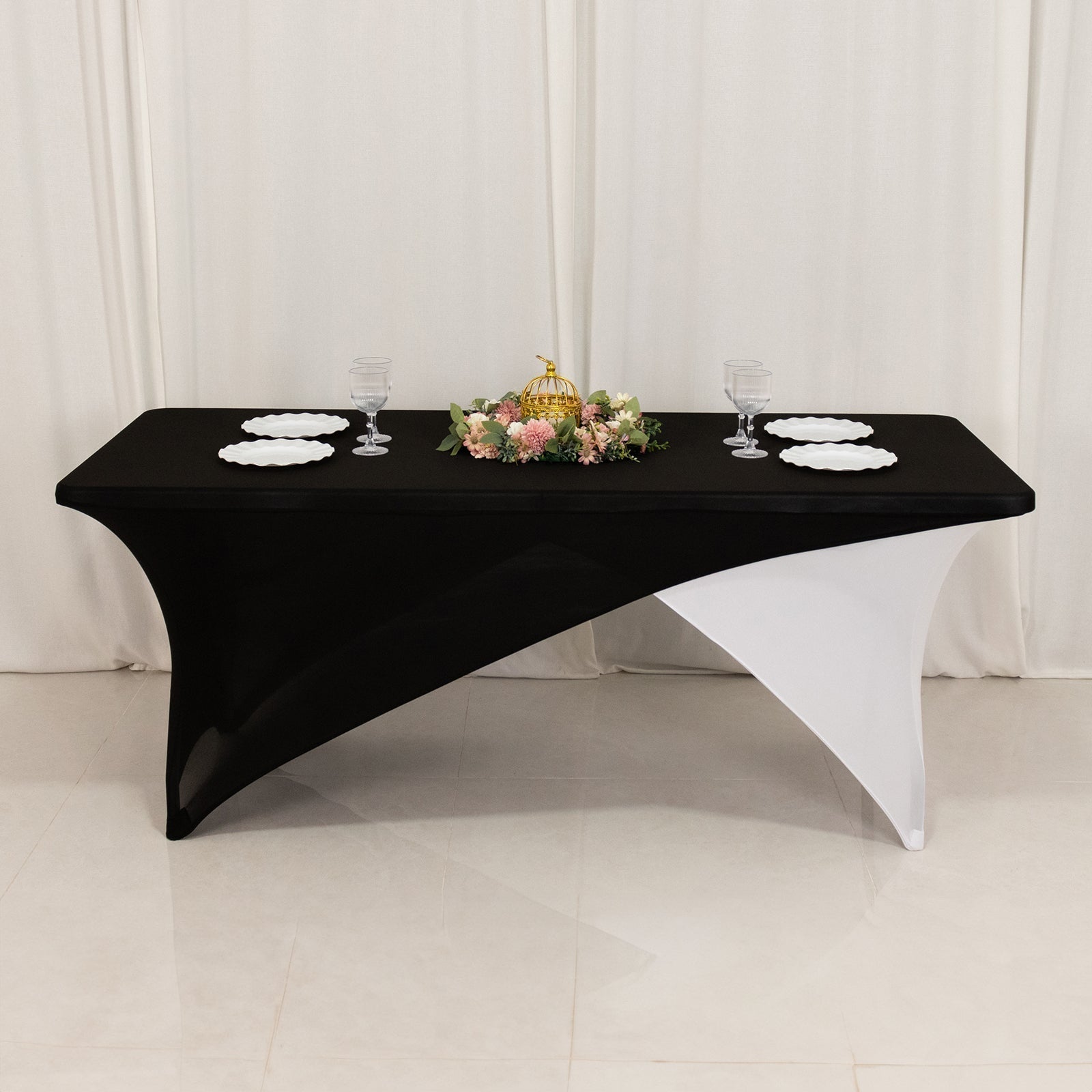 Stretch Spandex 72"x30" Rectangle Table Cover Black/White Cross Over Design - Versatile & Sleek Two - Piece Fitted Tablecloth with Elastic Foot Pockets - Bell Racket Store