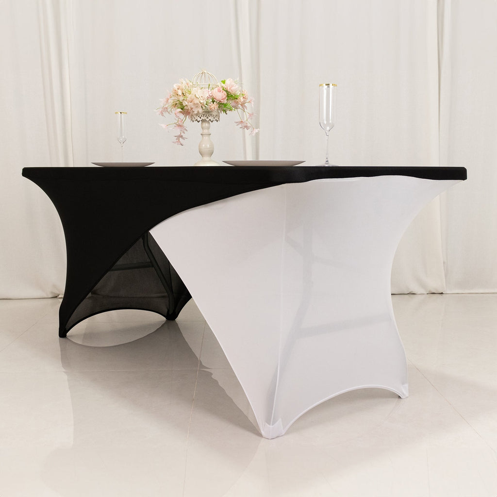 Stretch Spandex 72"x30" Rectangle Table Cover Black/White Cross Over Design - Versatile & Sleek Two - Piece Fitted Tablecloth with Elastic Foot Pockets - Bell Racket Store