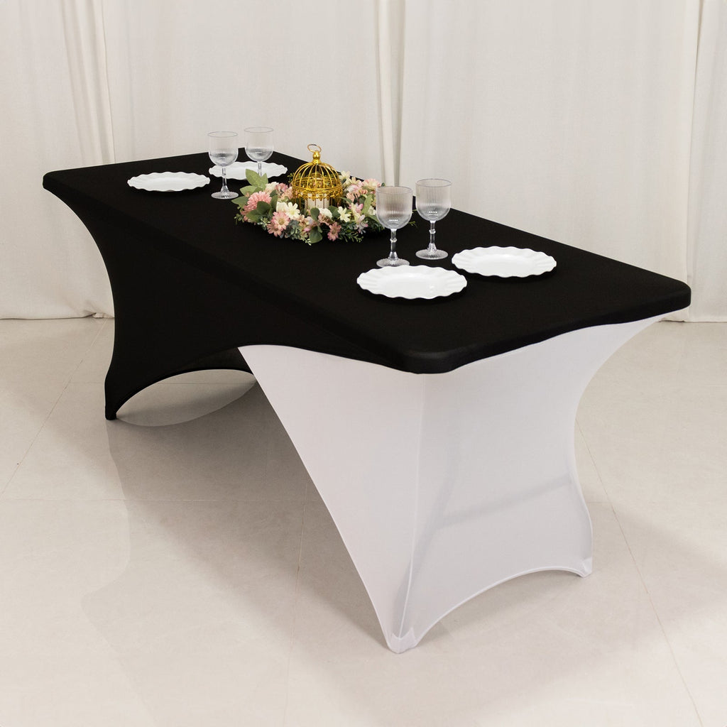 Stretch Spandex 72"x30" Rectangle Table Cover Black/White Cross Over Design - Versatile & Sleek Two - Piece Fitted Tablecloth with Elastic Foot Pockets - Bell Racket Store