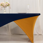 Stretch Spandex 72"x30" Rectangle Table Cover Navy Blue/Gold Cross Over Design - Two - Piece Fitted Tablecloth with Elastic Foot Pockets - Bell Racket Store