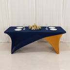 Stretch Spandex 72"x30" Rectangle Table Cover Navy Blue/Gold Cross Over Design - Two - Piece Fitted Tablecloth with Elastic Foot Pockets - Bell Racket Store