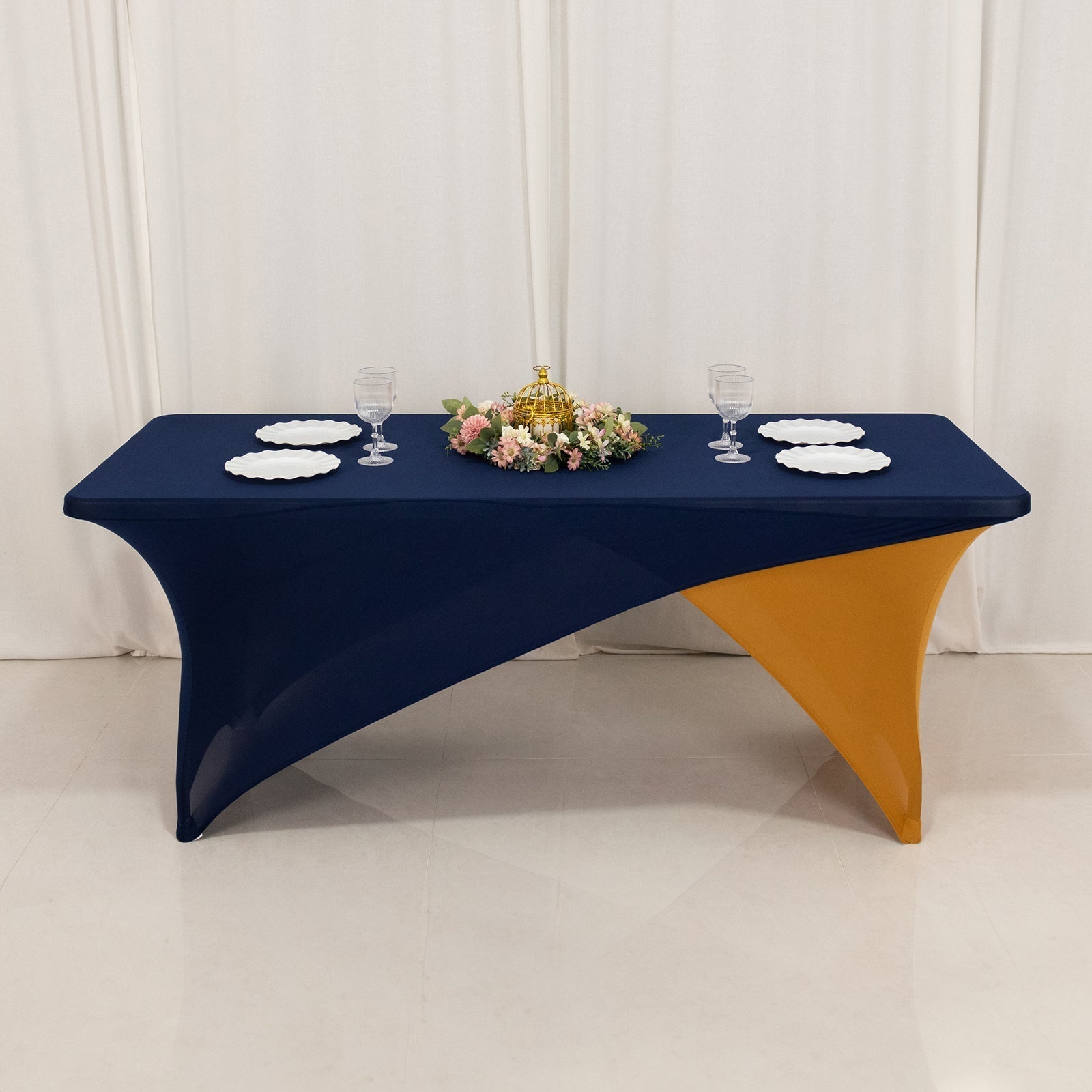Stretch Spandex 72"x30" Rectangle Table Cover Navy Blue/Gold Cross Over Design - Two - Piece Fitted Tablecloth with Elastic Foot Pockets - Bell Racket Store