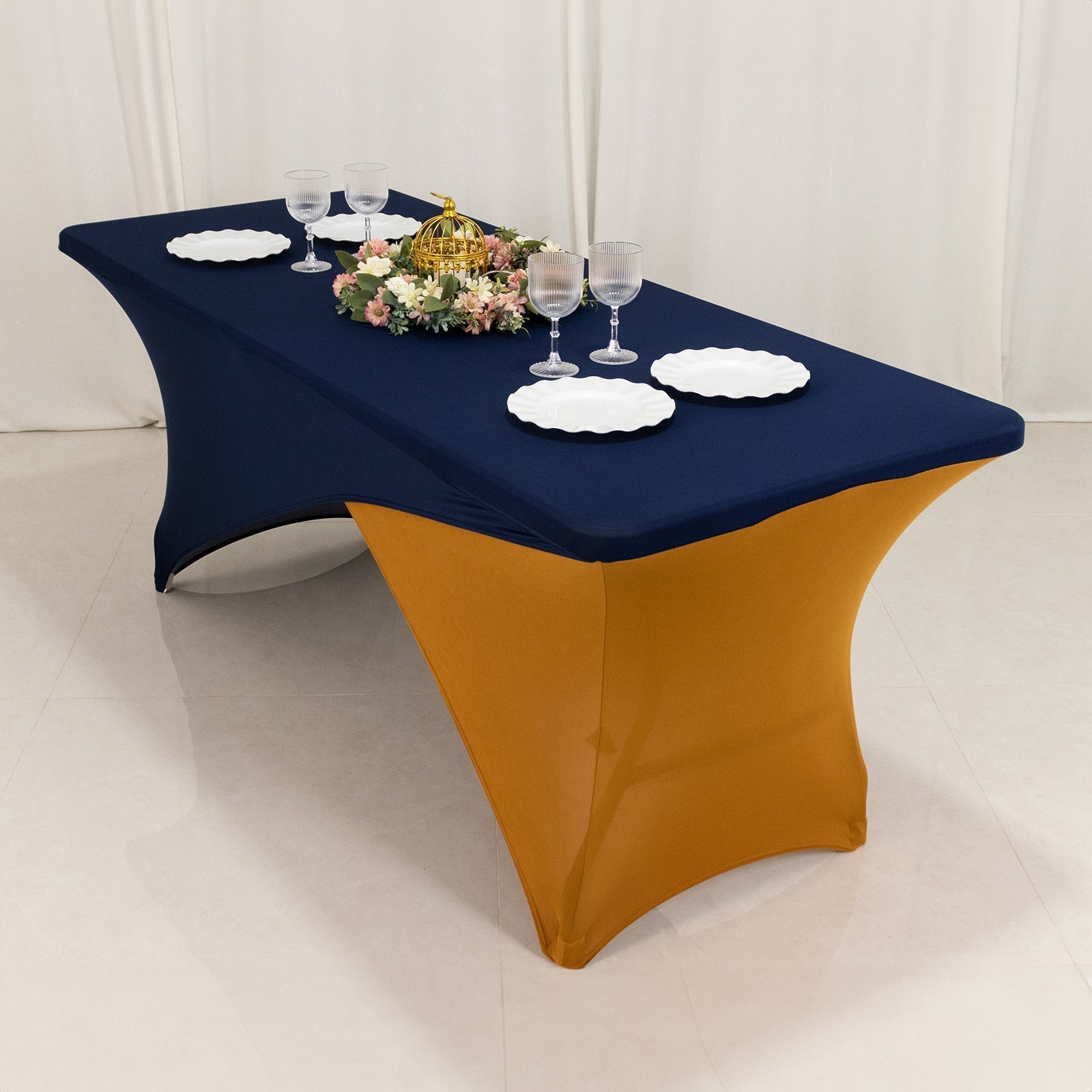 Stretch Spandex 72"x30" Rectangle Table Cover Navy Blue/Gold Cross Over Design - Two - Piece Fitted Tablecloth with Elastic Foot Pockets - Bell Racket Store