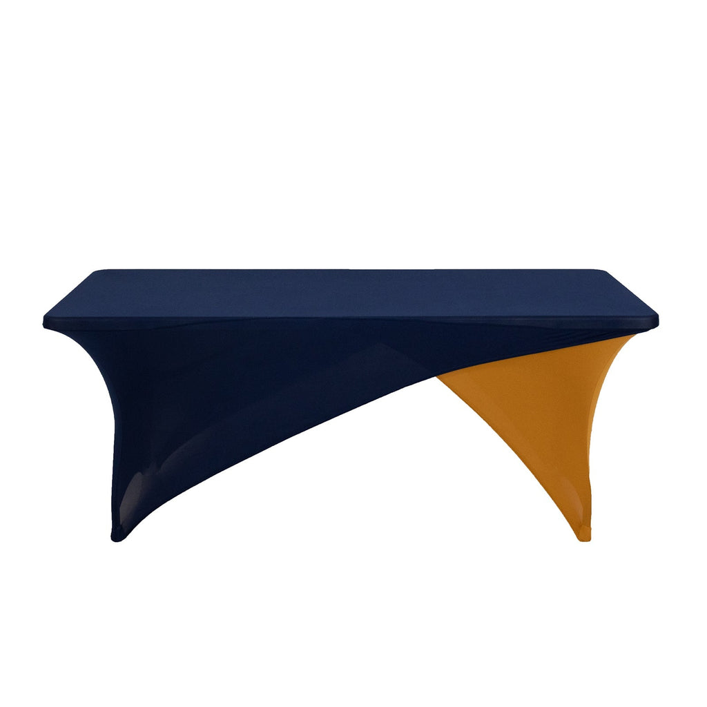 Stretch Spandex 72"x30" Rectangle Table Cover Navy Blue/Gold Cross Over Design - Two - Piece Fitted Tablecloth with Elastic Foot Pockets - Bell Racket Store