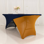 Stretch Spandex 72"x30" Rectangle Table Cover Navy Blue/Gold Cross Over Design - Two - Piece Fitted Tablecloth with Elastic Foot Pockets - Bell Racket Store