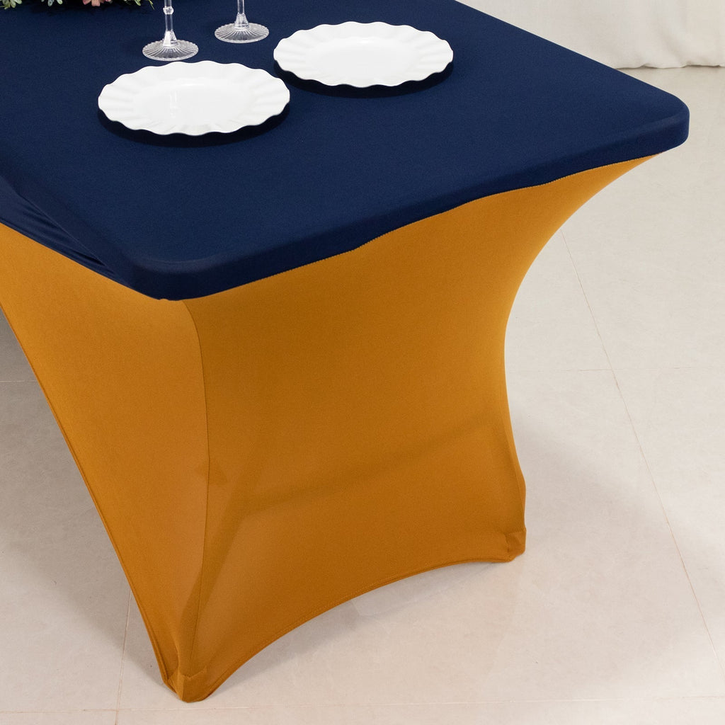 Stretch Spandex 72"x30" Rectangle Table Cover Navy Blue/Gold Cross Over Design - Two - Piece Fitted Tablecloth with Elastic Foot Pockets - Bell Racket Store