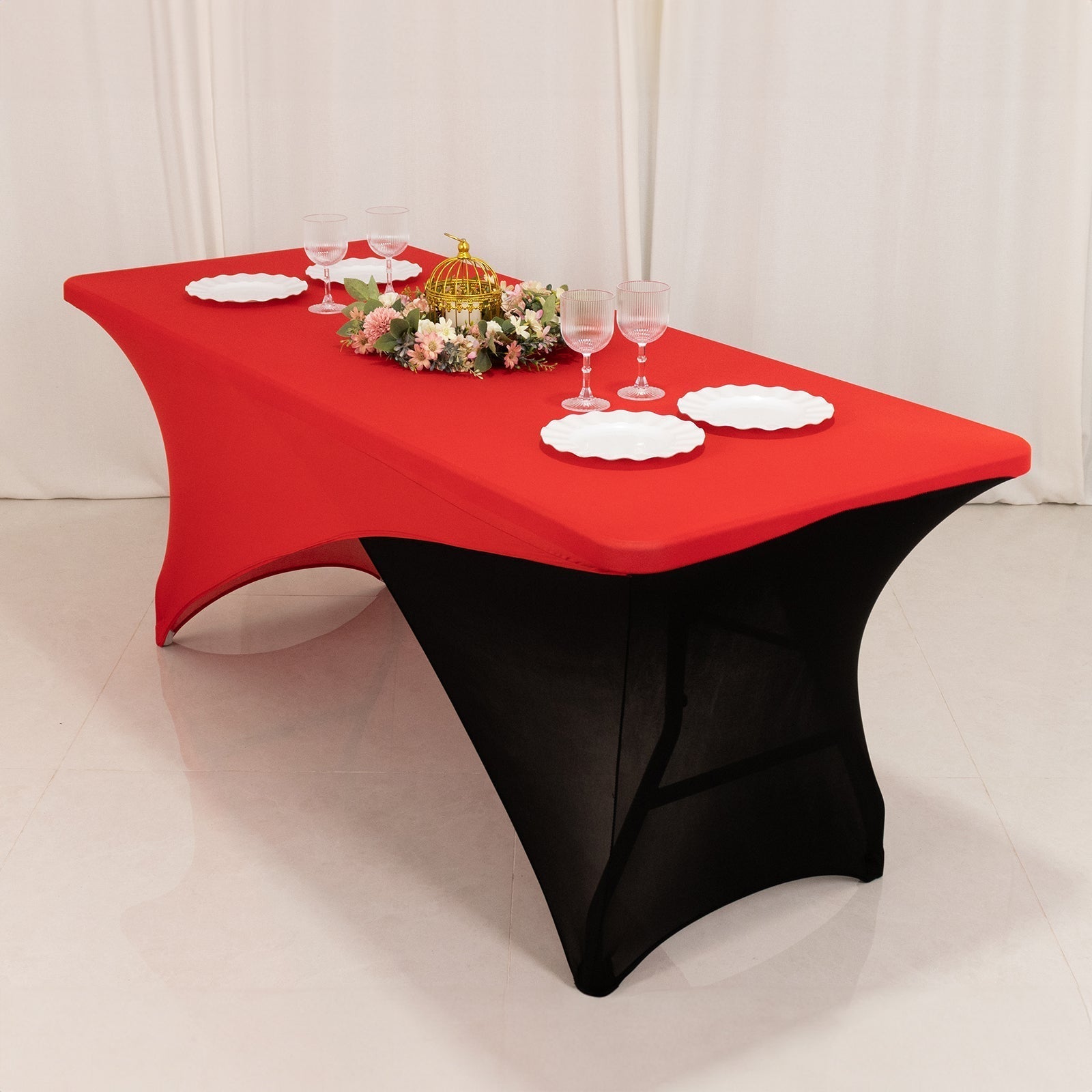 Stretch Spandex 72"x30" Rectangle Table Cover Red/Black Cross Over Design - Two - Piece Fitted Tablecloth with Elastic Foot Pockets - Bell Racket Store
