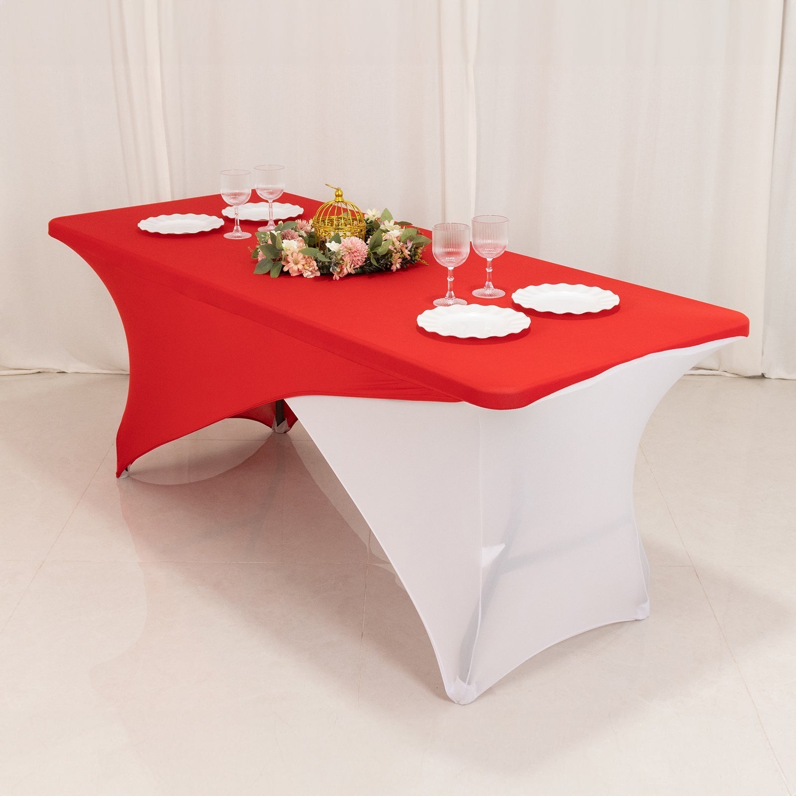 Stretch Spandex 72"x30" Rectangle Table Cover Red/White Cross Over Design - Versatile & Sleek Two - Piece Fitted Tablecloth with Elastic Foot Pockets - Bell Racket Store