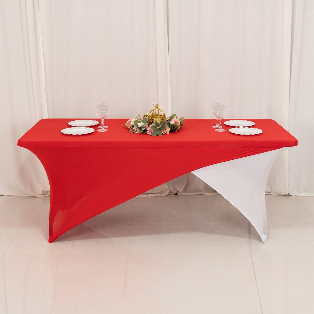 Stretch Spandex 72"x30" Rectangle Table Cover Red/White Cross Over Design - Versatile & Sleek Two - Piece Fitted Tablecloth with Elastic Foot Pockets - Bell Racket Store