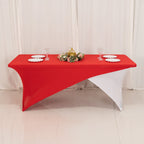 Stretch Spandex 72"x30" Rectangle Table Cover Red/White Cross Over Design - Versatile & Sleek Two - Piece Fitted Tablecloth with Elastic Foot Pockets - Bell Racket Store