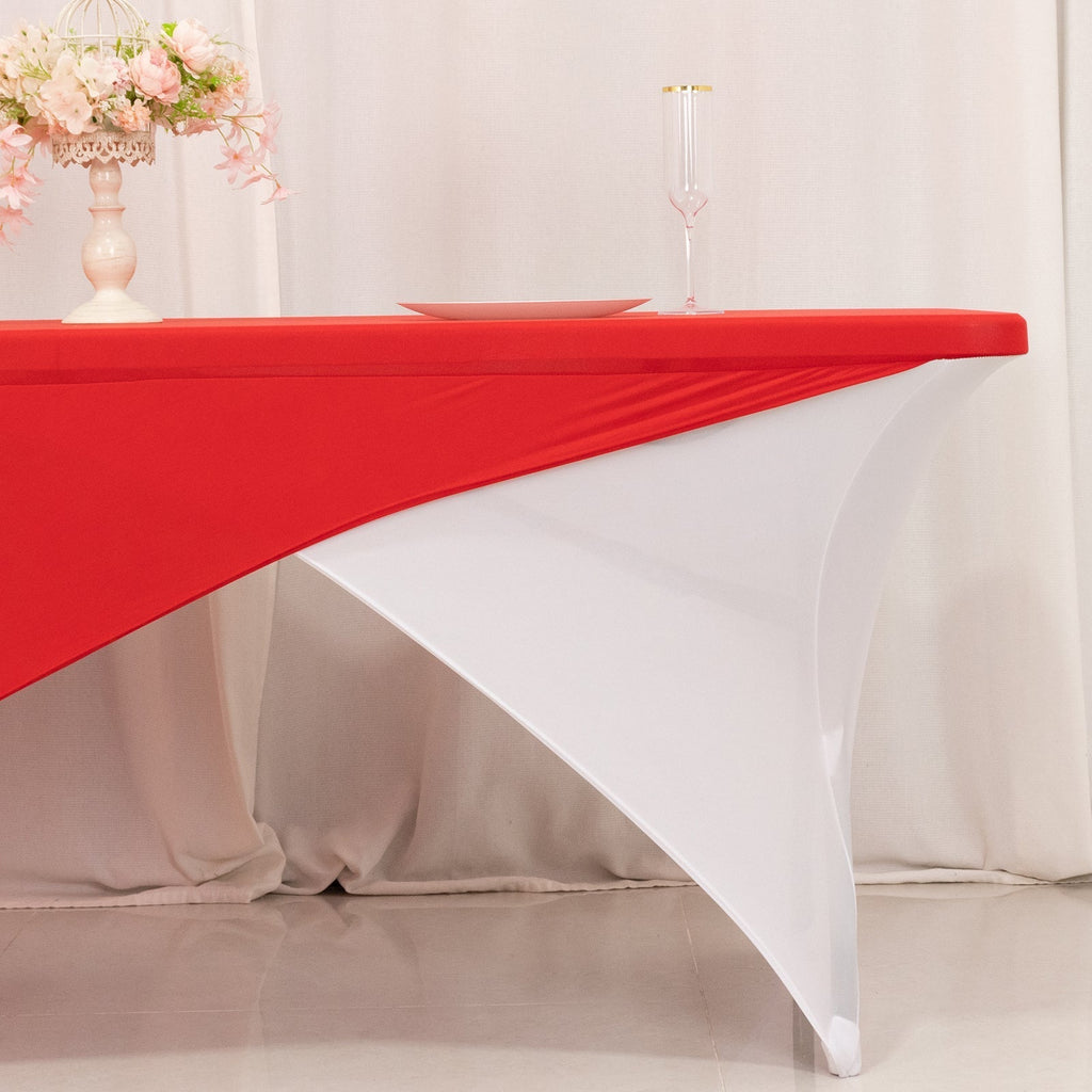 Stretch Spandex 72"x30" Rectangle Table Cover Red/White Cross Over Design - Versatile & Sleek Two - Piece Fitted Tablecloth with Elastic Foot Pockets - Bell Racket Store