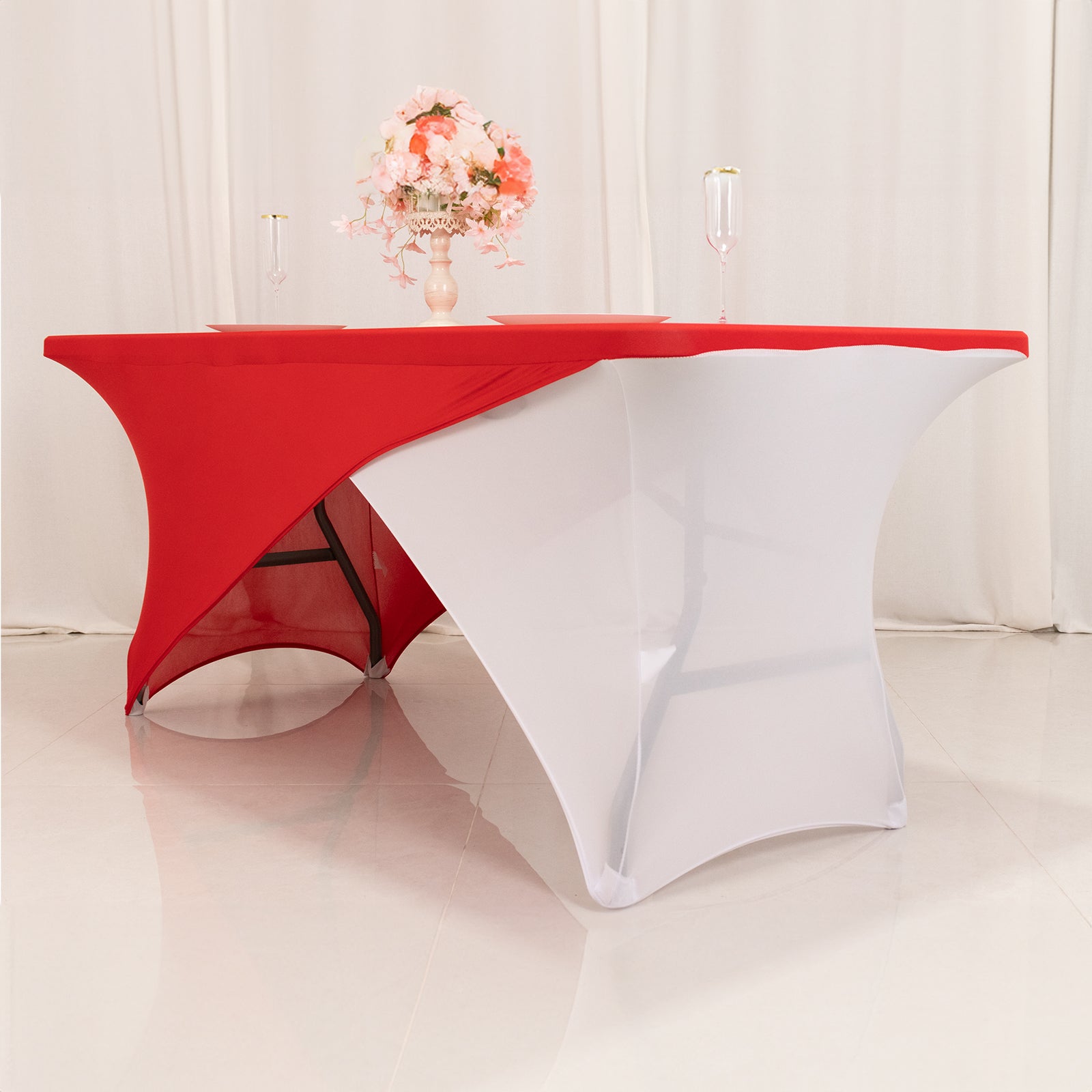 Stretch Spandex 72"x30" Rectangle Table Cover Red/White Cross Over Design - Versatile & Sleek Two - Piece Fitted Tablecloth with Elastic Foot Pockets - Bell Racket Store