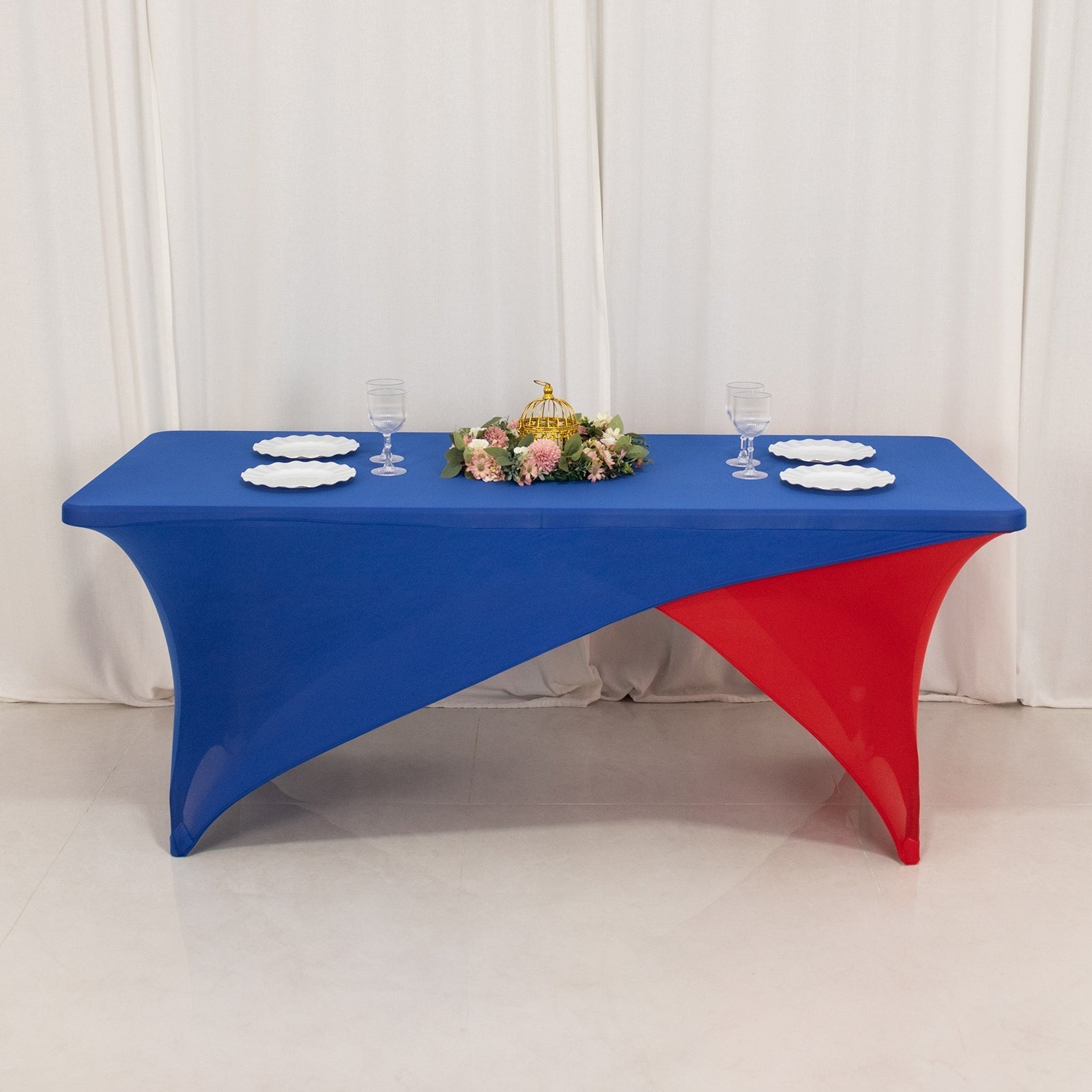 Stretch Spandex 72"x30" Rectangle Table Cover Royal Blue/Red Cross Over Design - Two - Piece Fitted Tablecloth with Elastic Foot Pockets - Bell Racket Store