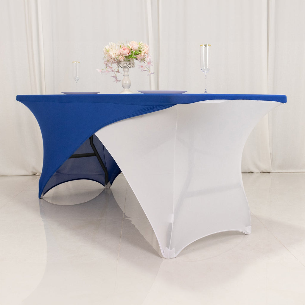 Stretch Spandex 72"x30" Rectangle Table Cover Royal Blue/White Cross Over Design - Two - Piece Fitted Tablecloth with Elastic Foot Pockets - Bell Racket Store