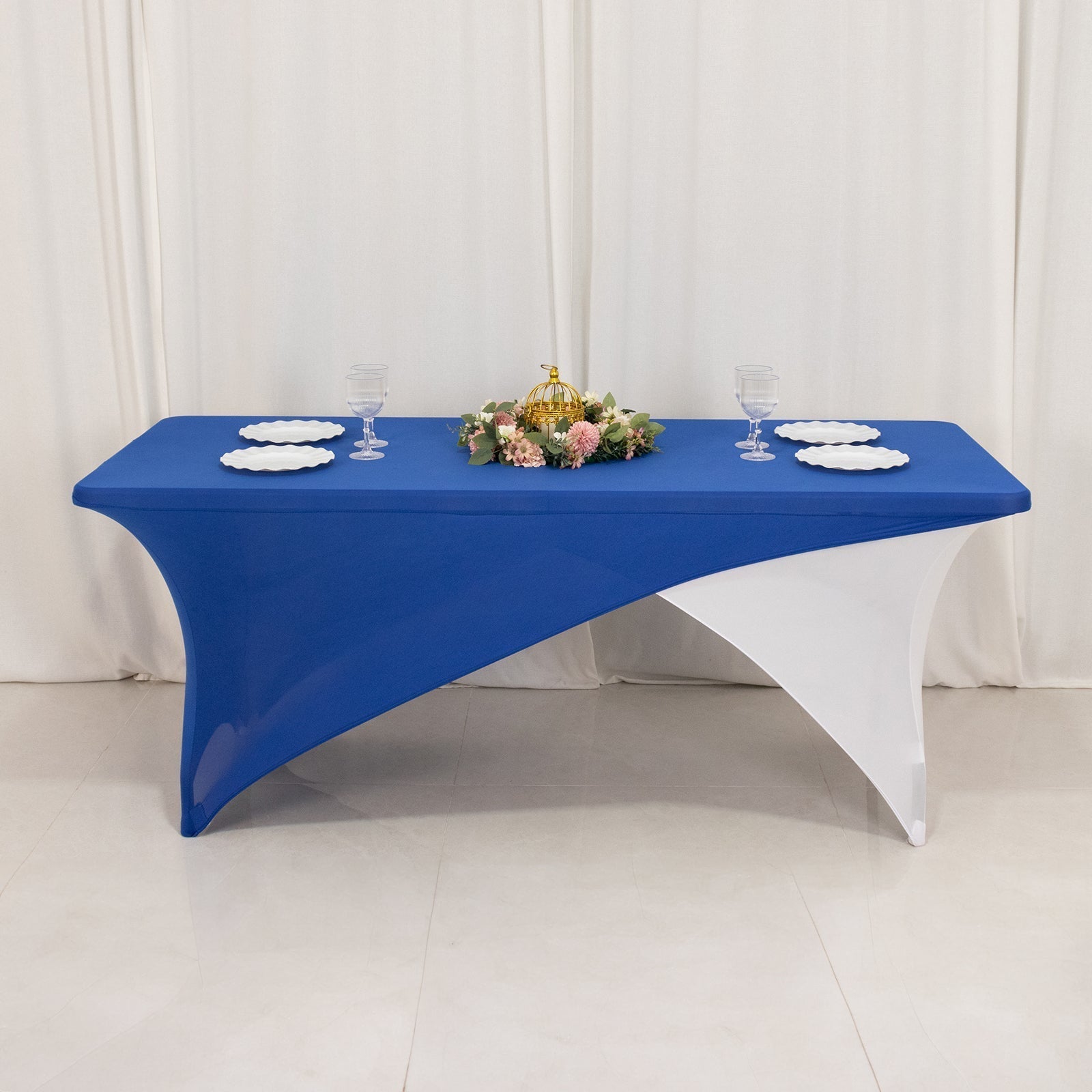 Stretch Spandex 72"x30" Rectangle Table Cover Royal Blue/White Cross Over Design - Two - Piece Fitted Tablecloth with Elastic Foot Pockets - Bell Racket Store