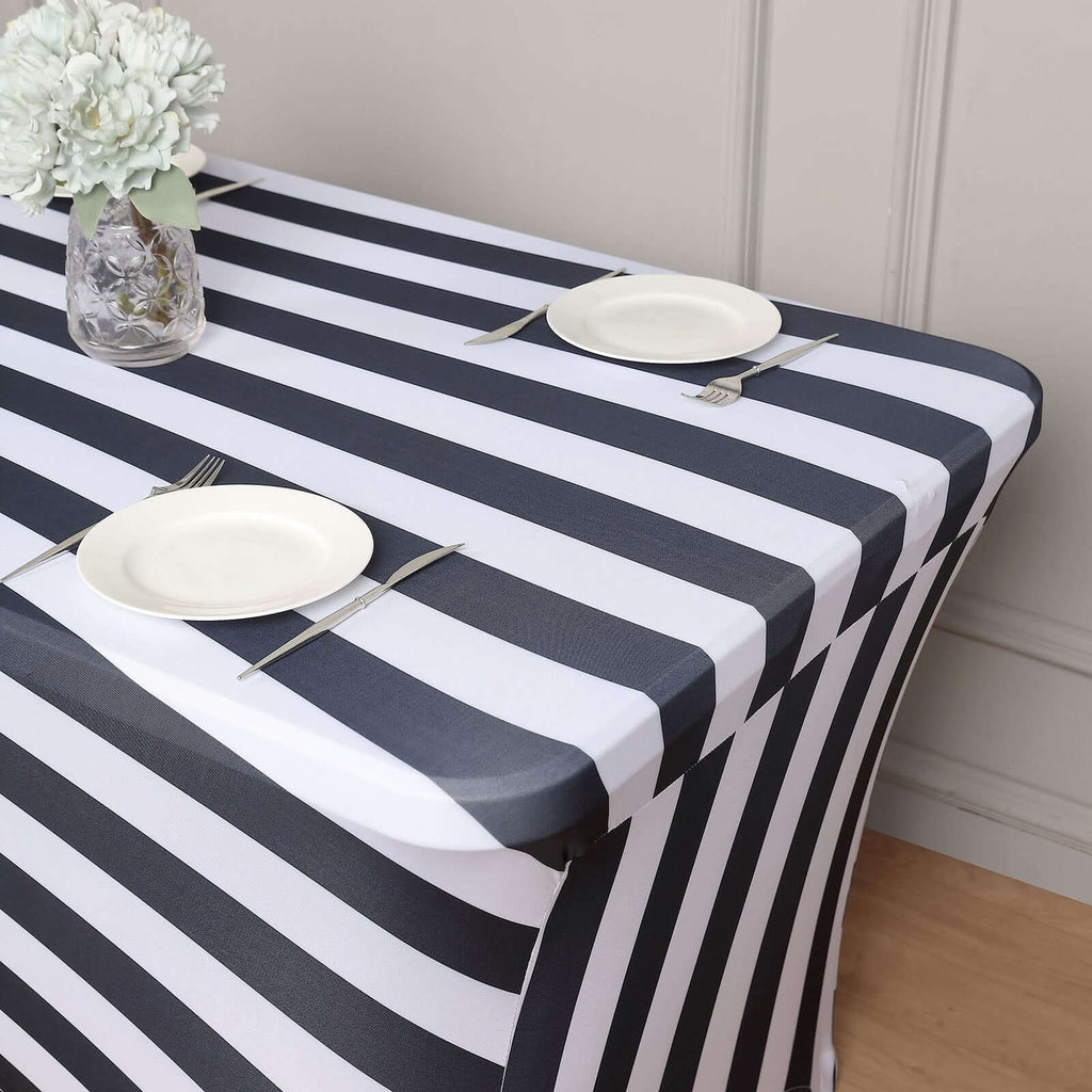 Stretch Spandex 72"x30" Rectangle Tablecloth Black/White Vertical Stripes - Durable Form - Fitting Table Cover for Events & Presentations - Bell Racket Store