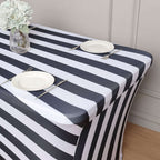Stretch Spandex 72"x30" Rectangle Tablecloth Black/White Vertical Stripes - Durable Form - Fitting Table Cover for Events & Presentations - Bell Racket Store