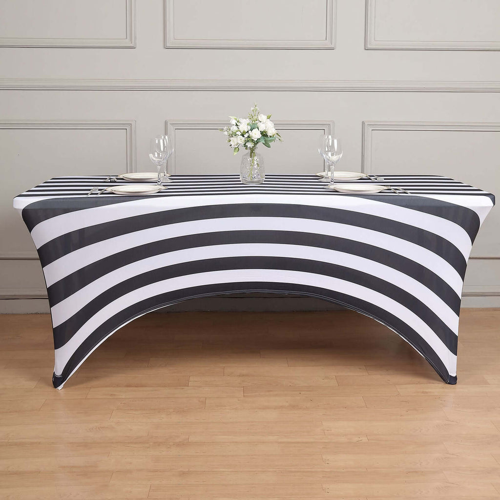 Stretch Spandex 72"x30" Rectangle Tablecloth Black/White Vertical Stripes - Durable Form - Fitting Table Cover for Events & Presentations - Bell Racket Store