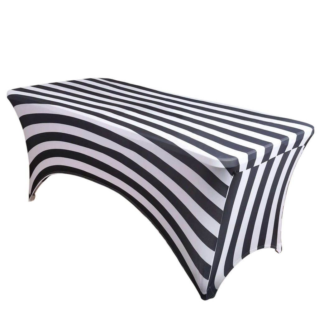 Stretch Spandex 72"x30" Rectangle Tablecloth Black/White Vertical Stripes - Durable Form - Fitting Table Cover for Events & Presentations - Bell Racket Store