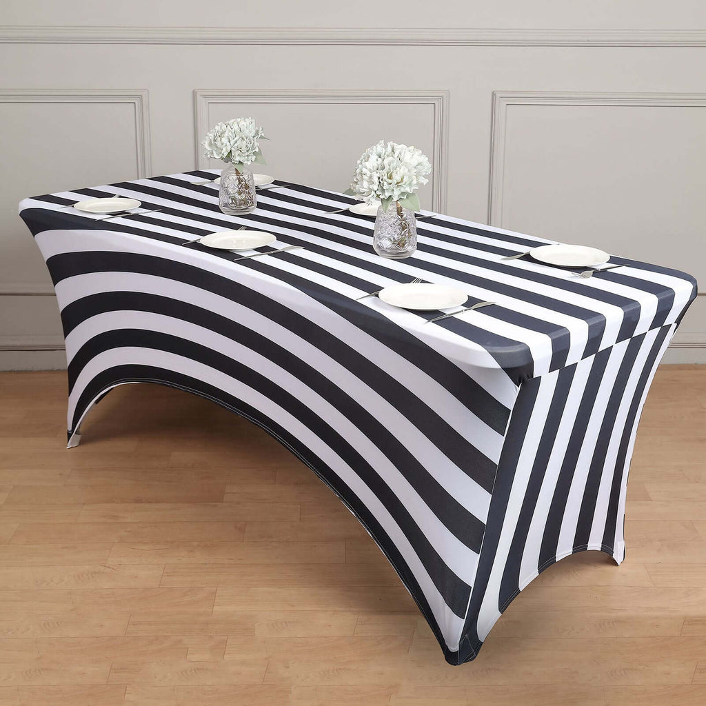Stretch Spandex 8ft Rectangle Tablecloth Black/White Vertical Stripes - Durable Form - Fitting Tablecloth for Events & Presentations - Bell Racket Store