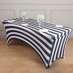 Stretch Spandex 8ft Rectangle Tablecloth Black/White Vertical Stripes - Durable Form - Fitting Tablecloth for Events & Presentations - Bell Racket Store