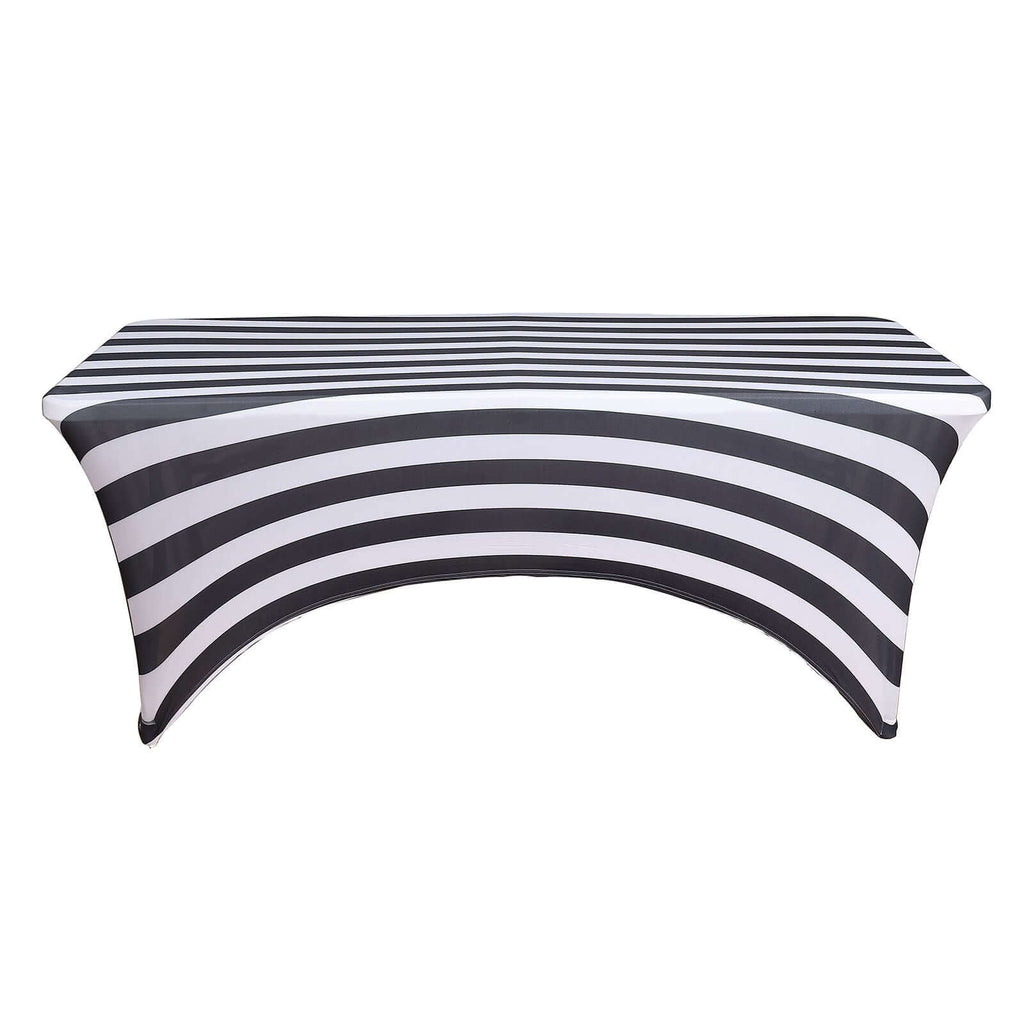 Stretch Spandex 8ft Rectangle Tablecloth Black/White Vertical Stripes - Durable Form - Fitting Tablecloth for Events & Presentations - Bell Racket Store