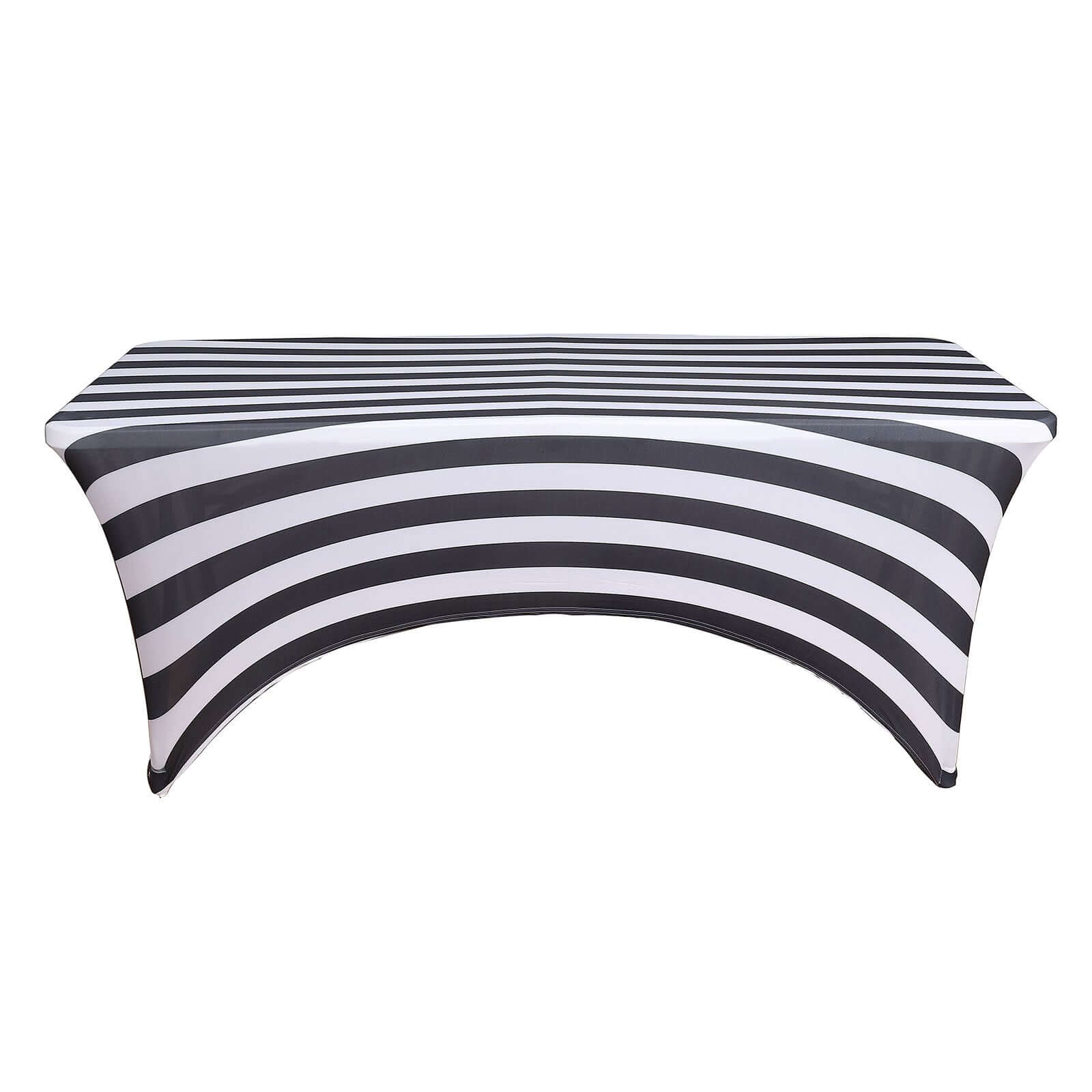 Stretch Spandex 8ft Rectangle Tablecloth Black/White Vertical Stripes - Durable Form - Fitting Tablecloth for Events & Presentations - Bell Racket Store