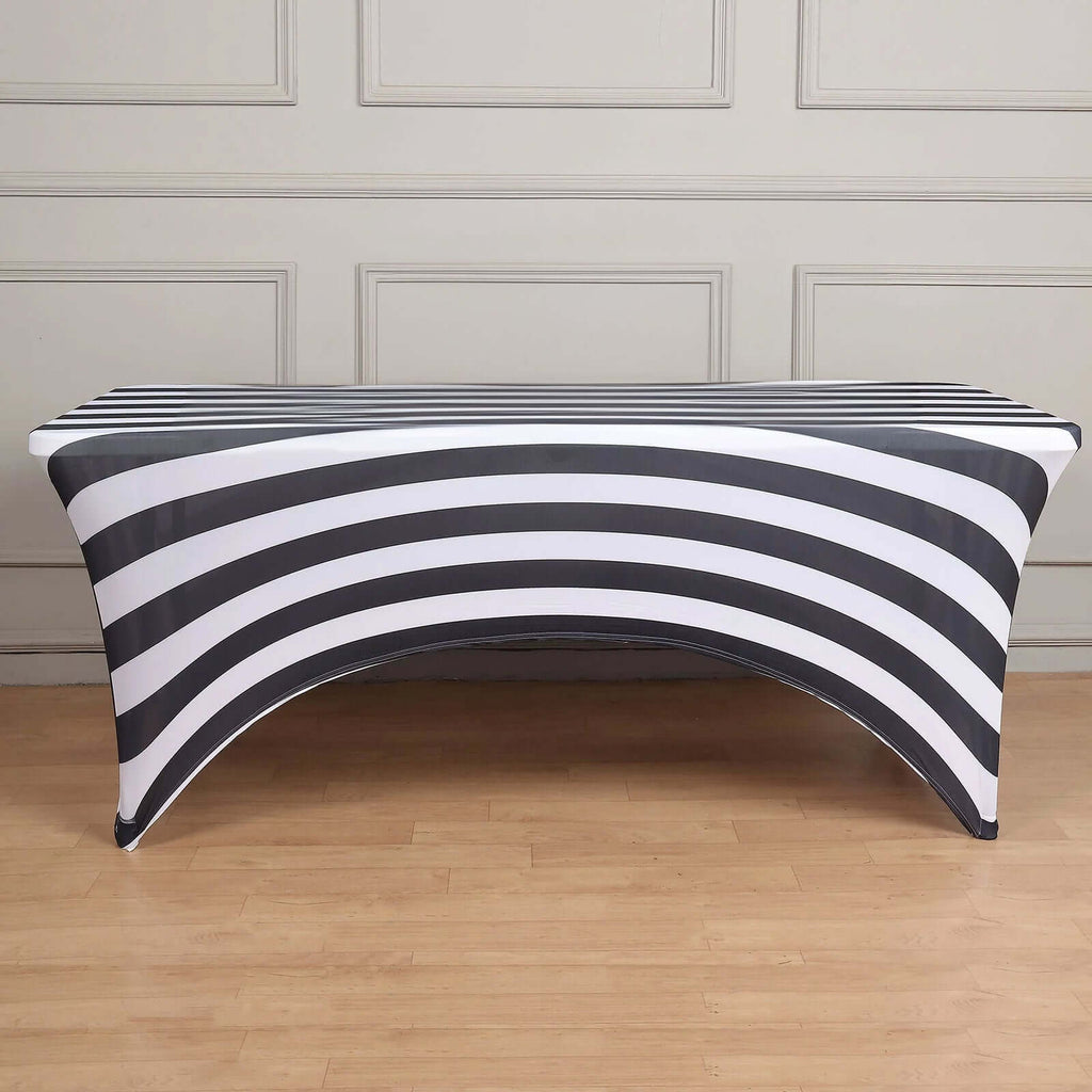 Stretch Spandex 8ft Rectangle Tablecloth Black/White Vertical Stripes - Durable Form - Fitting Tablecloth for Events & Presentations - Bell Racket Store
